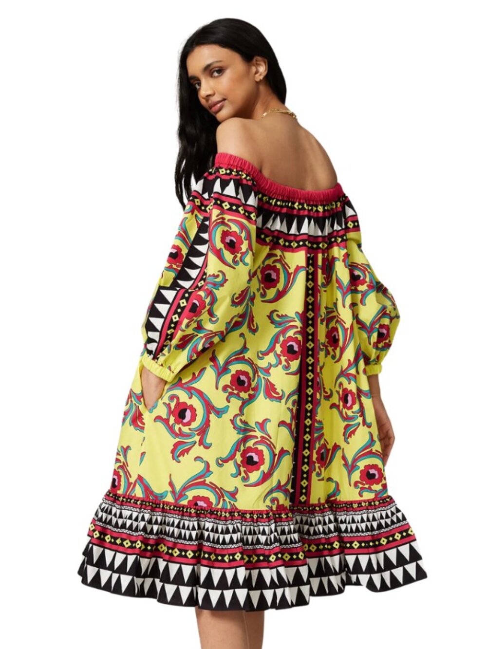 La DoubleJ Paloma Dress – Cherry Paisley & Mod Geo Print Off-Shoulder Shift XS-L - Picture 2 of 10
